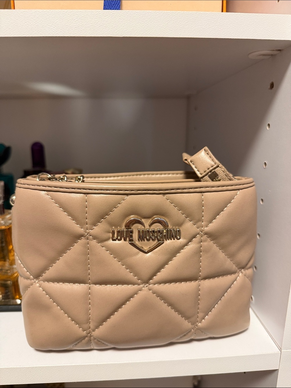 Love Moschino Nude Quilted Crossbody Bag with Gold Logo